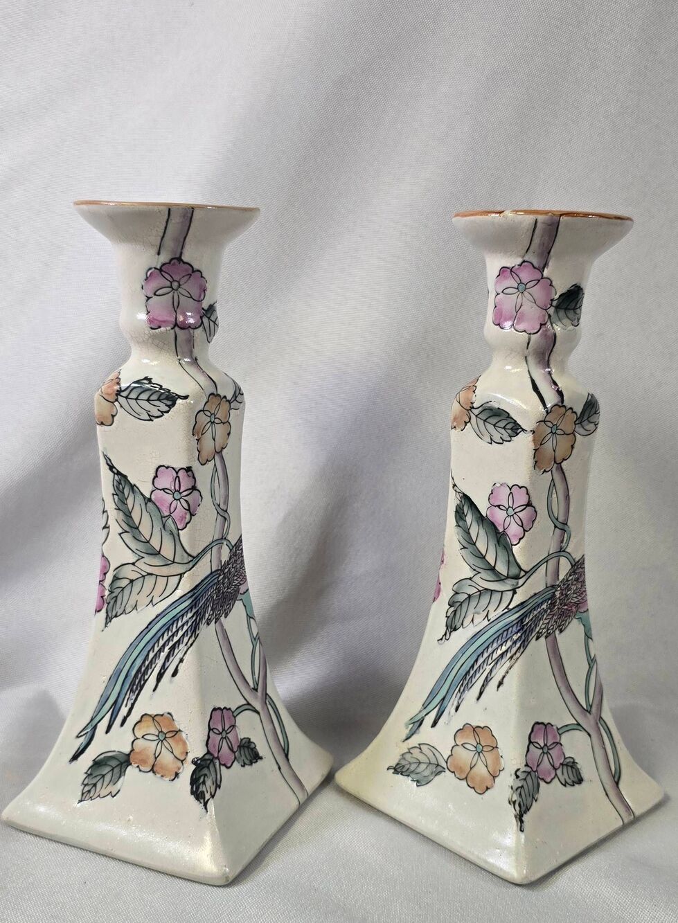 Vintage Hand-Painted Macau Porcelain Candlestick Holders - Floral Chinoiserie Pa